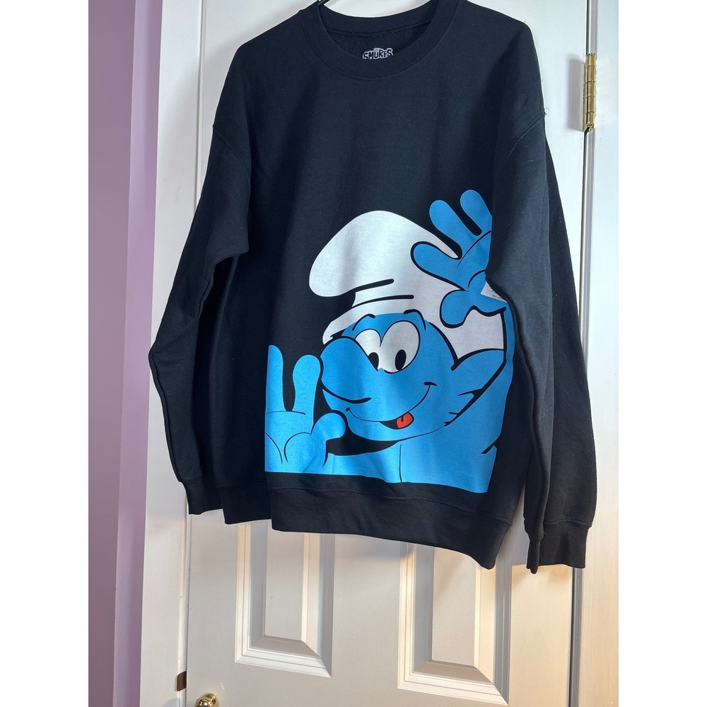 The Smurfs Graphic Sweatshirt Mens Large Black Blue Pullover Fleece L